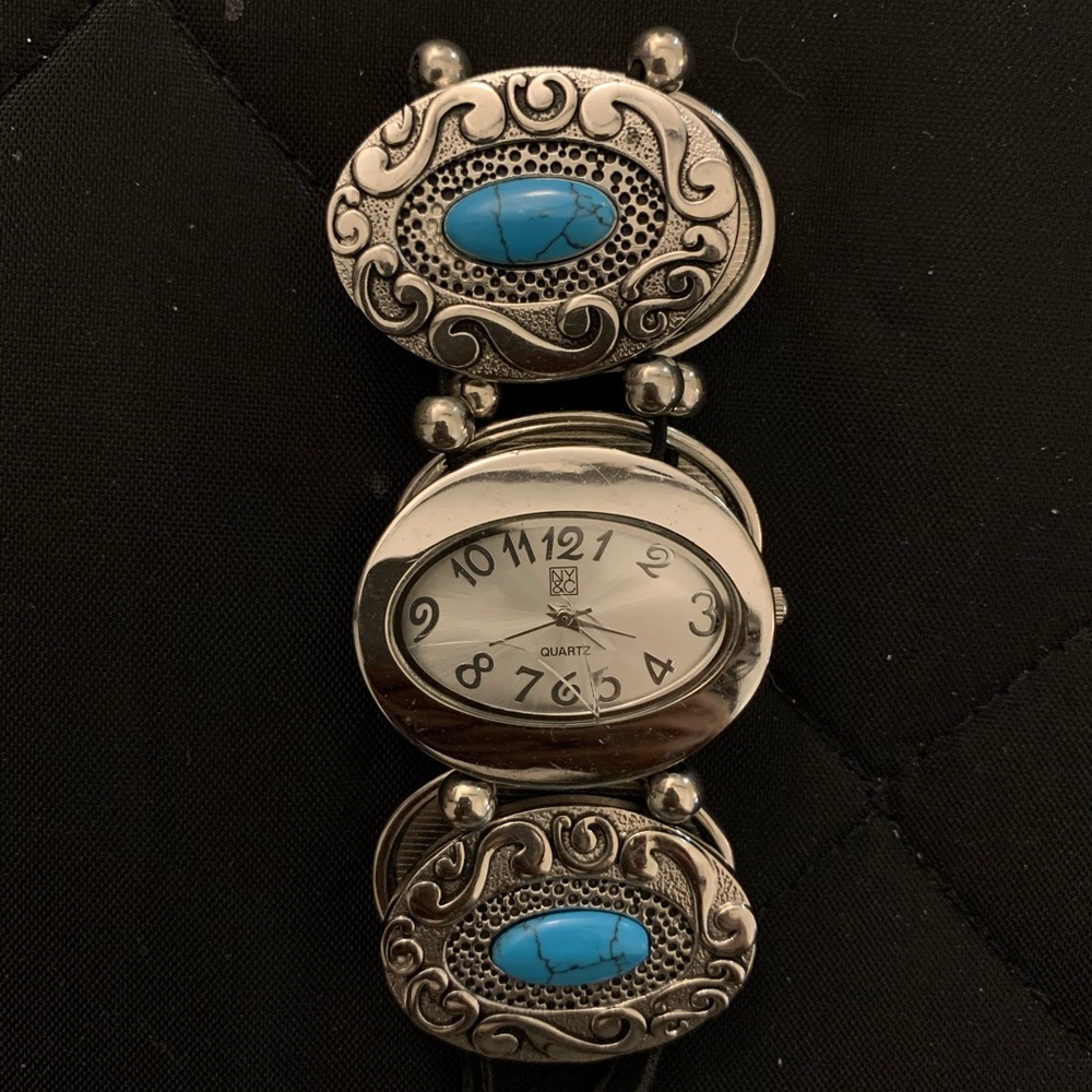New York & Company Silver Tone Watch with Turquoise Accents, Broken Watch face